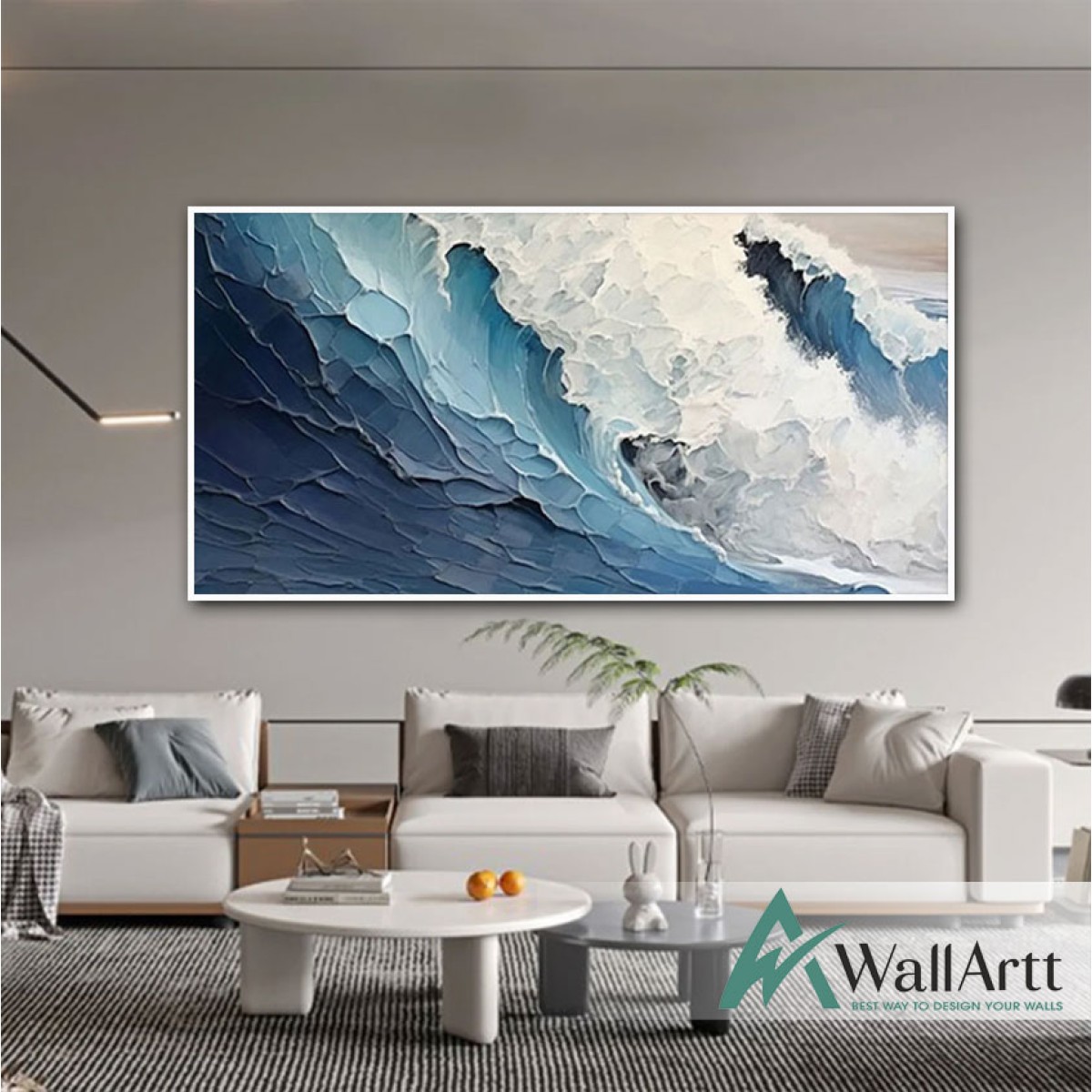 Abstract White Blue Waves 3d Heavy Textured Partial Oil Painting